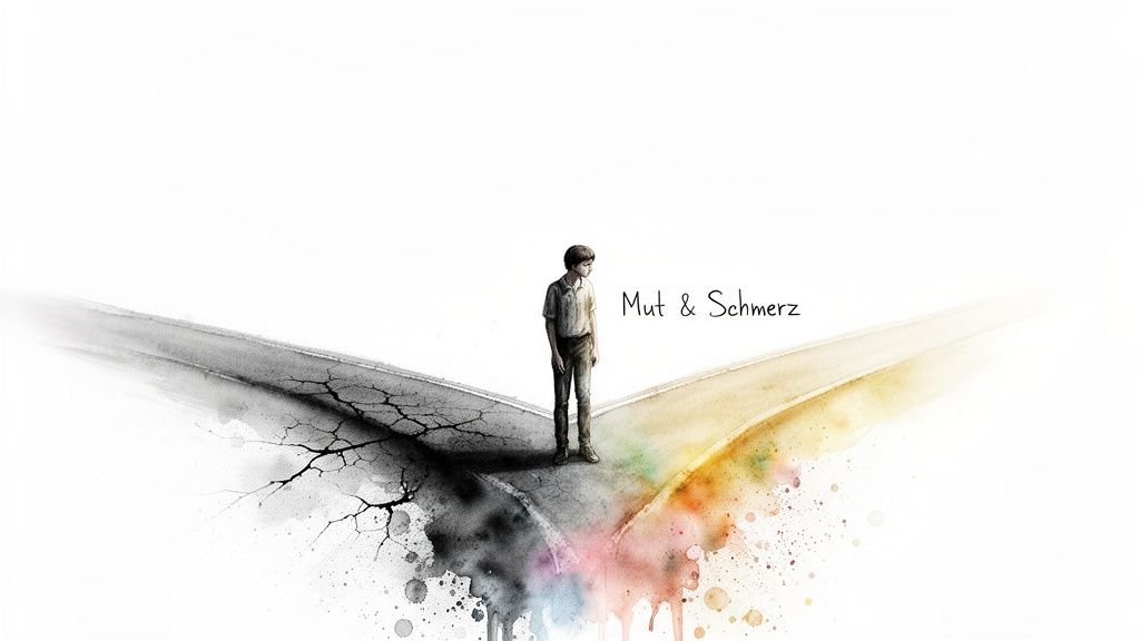 Ein junger mann steht an einer weggabelung zwischen einem dunklen, rissigen pfad und einem farbenfrohen weg, mit der aufschrift „mut & schmerz“.