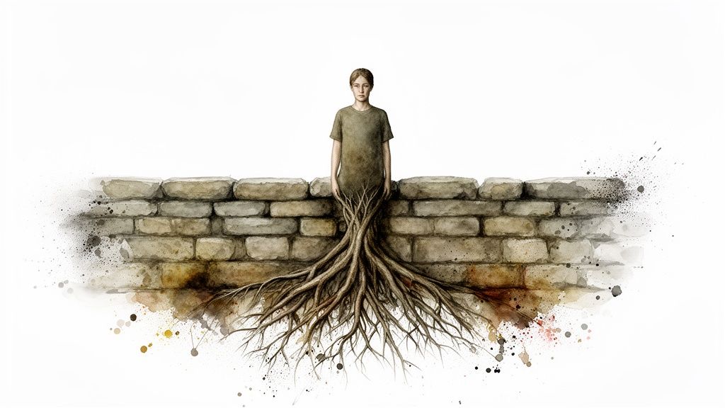 Aquarell: ein kind mit baumwurzeln als beinen steht hinter einer rustikalen steinmauer.