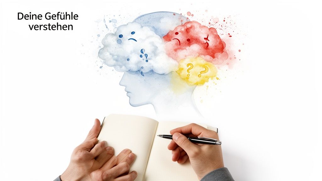 Eine person schreibt in ein notizbuch, mit bunten wolken für trauer, wut und fragen über ihrem kopf. Text: „deine gefühle verstehen“.