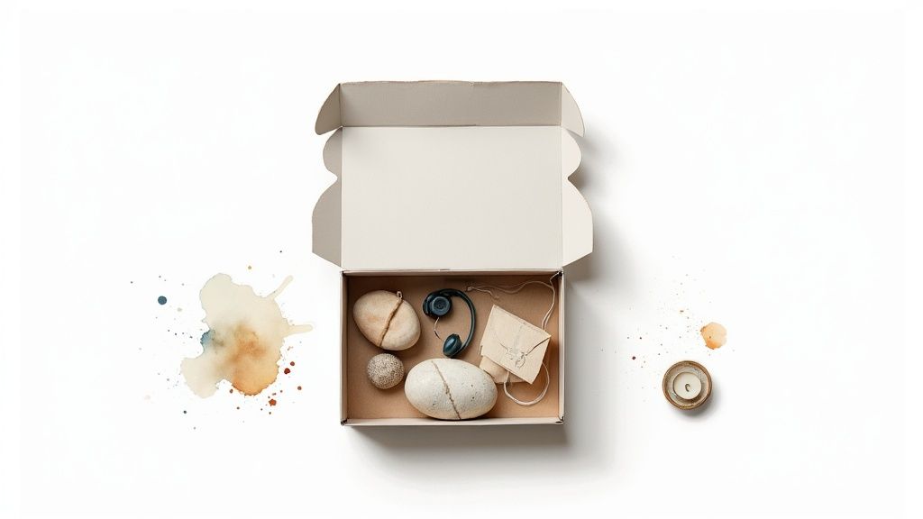 Eine offene braune kartonschachtel mit steinen, kopfhörern, einem umschlag und farbspritzern.