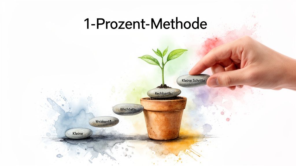 Hand platziert stein „kleine schritte“ auf wachsender pflanze, visualisiert die 1-prozent-methode für stetigen fortschritt.