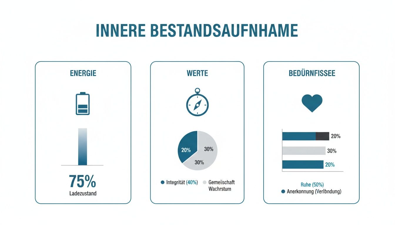 Infografik zur inneren bestandsaufnahme mit energielevel (75%), werten (integrität, gemeinschaft, wachstum) und bedürfnissen (ruhe, anerkennung).
