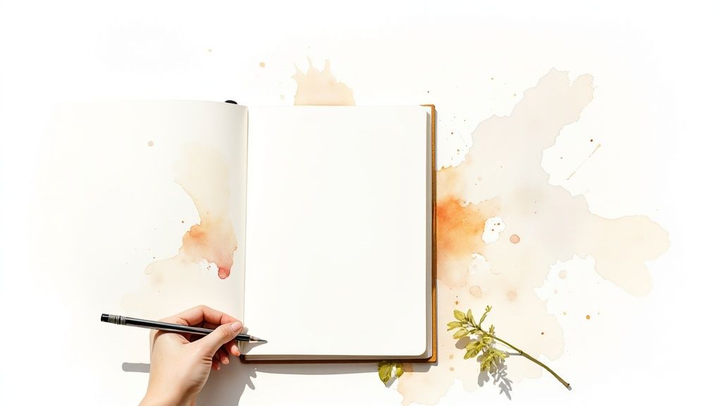 Eine hand hält einen stift über ein offenes notizbuch mit aquarellflecken und einem grünen ast.