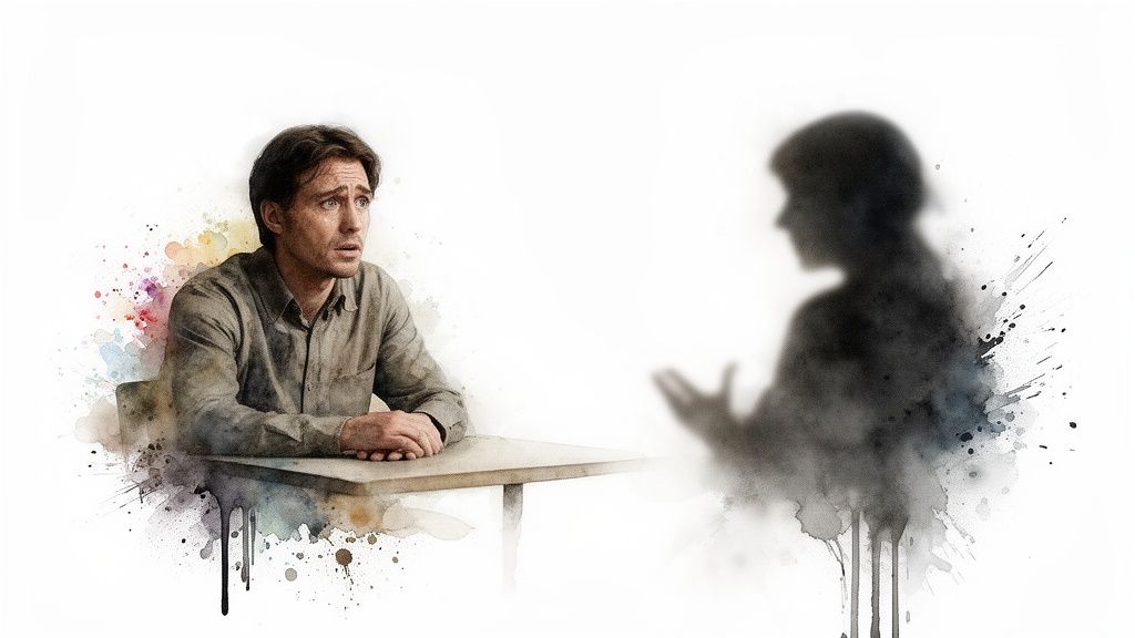 Wie geht man mit einem narzissten um und schützt sich selbst Ein besorgter mann sitzt an einem tisch, einer verschwommenen, dunklen silhouette gegenüber, im aquarellstil.