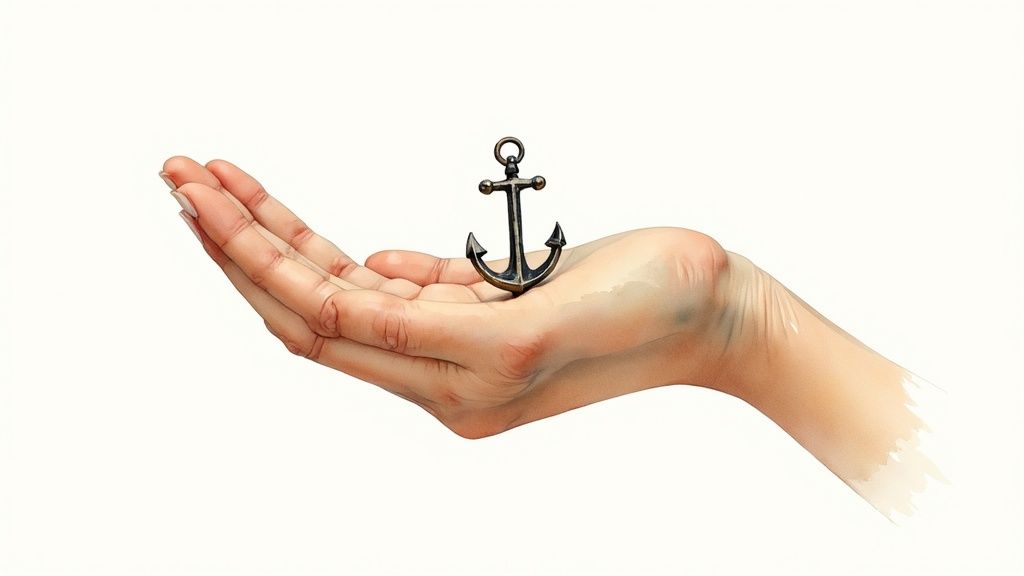 Eine menschliche hand hält sanft einen kleinen, dunklen anker auf weißem hintergrund.