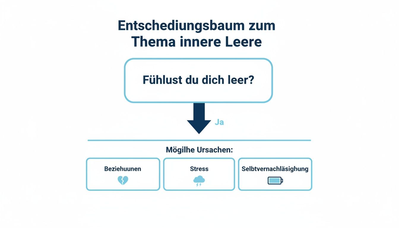 Entscheidungsbaum zum thema innere leere mit frage und möglichen ursachen wie beziehungen, stress und selbstvernachlässigung.