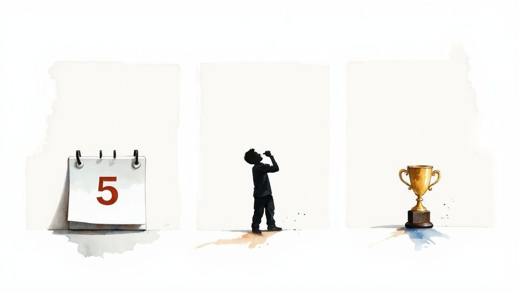 Ein aquarellbild zeigt einen kalender mit der zahl 5, ein trinkendes kind und einen goldenen pokal.