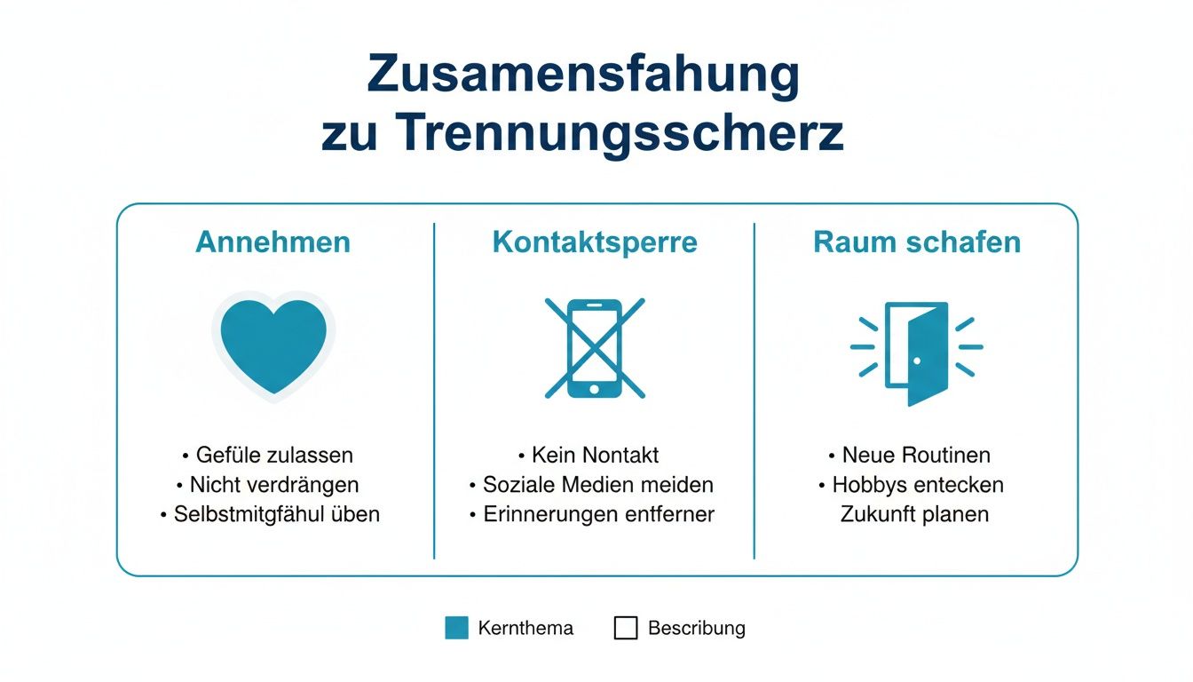Infografik mit drei schritten zur bewältigung von trennungsschmerz: gefühle annehmen, kontaktsperre einhalten, neuen raum schaffen.