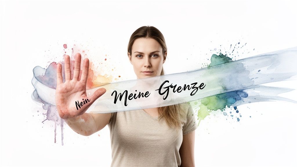 Junge frau hält die hand mit 'nein' und 'meine grenze' auf einem banner, um grenzen zu setzen.