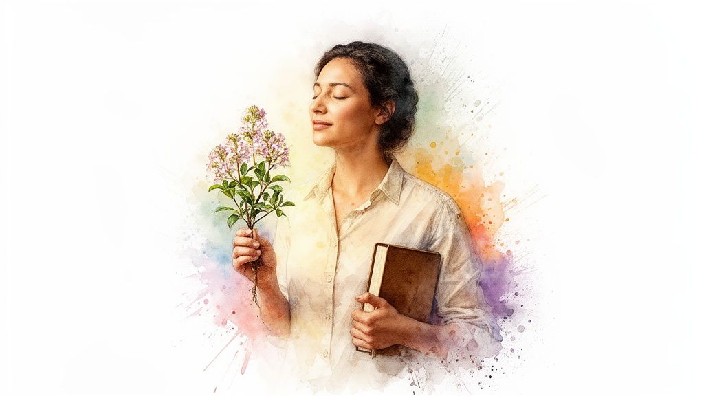 Wie geht man mit einem narzissten um und schützt sich selbst Eine frau riecht an einem blumenstrauß, während sie ein buch hält, im aquarellstil dargestellt.