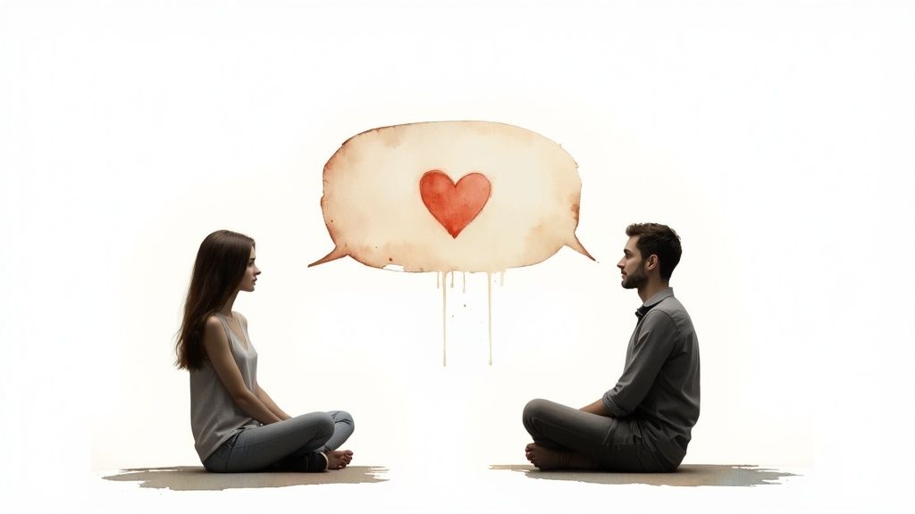 Wie erkenne ich meine bedürfnisse: ein ehrlicher weg zurück zu dir Eine person in einem wichtigen gespräch, die ruhig und selbstbewusst ihre perspektive teilt, was klare kommunikation symbolisiert.