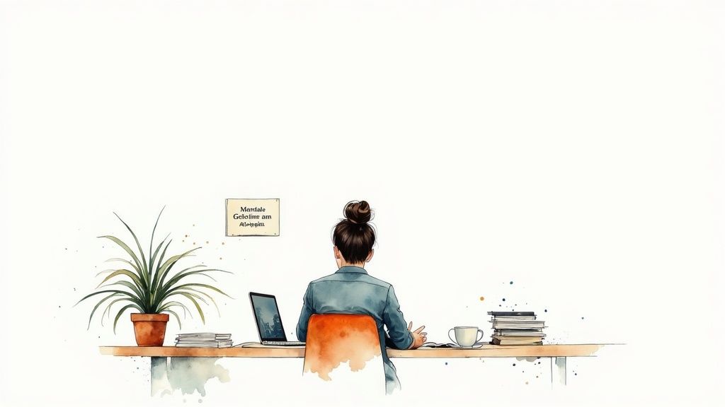 Eine frau sitzt an einem schreibtisch mit laptop, pflanze und büchern, von hinten gesehen.