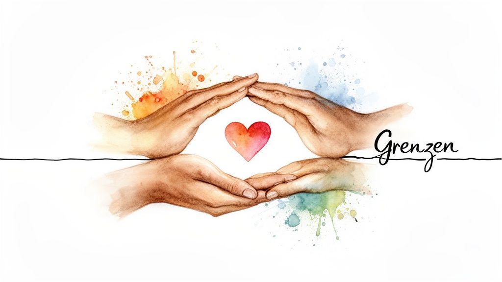 Aquarellbild von händen, die ein herz schützen, umgeben von farbspritzern und dem wort 'grenzen'.