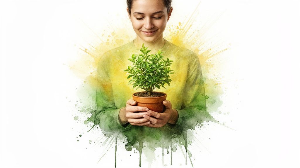 Eine lächelnde person hält eine kleine topfpflanze vor einem grünen und gelben aquarell-hintergrund.