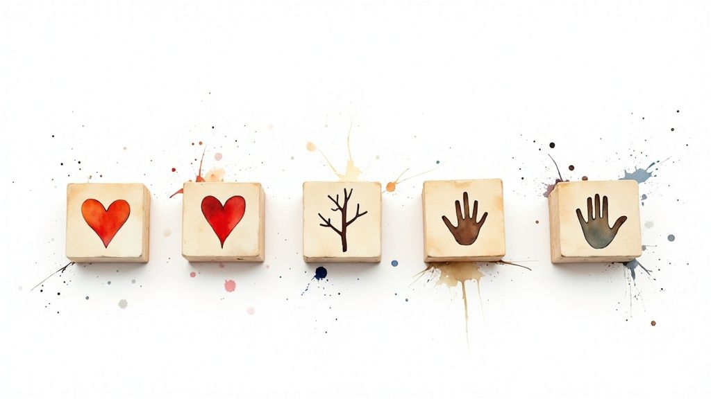Fünf holzwürfel mit gemalten symbolen: herzen, baum und hände zeigen persönliche werte und identität