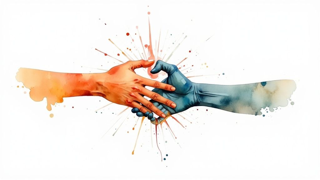 Eine person steht auf einem felsvorsprung und malt eine klare rote linie in den sand, die eine grenze symbolisiert, während im hintergrund ein ruhiges meer zu sehen ist.