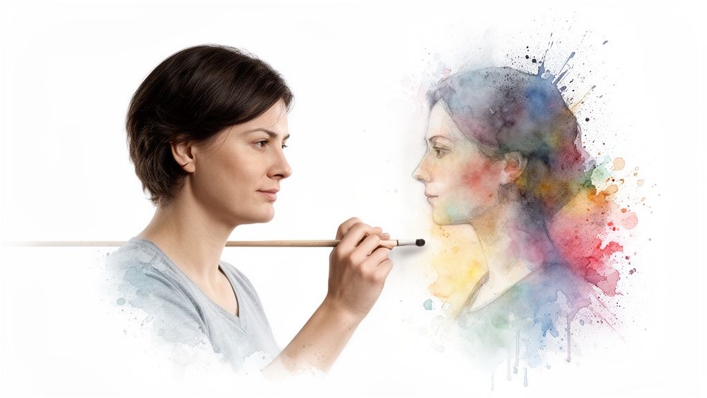 Eine künstlerin malt ein farbenfrohes aquarellporträt eines frauenprofils mit pinsel auf weißem grund.