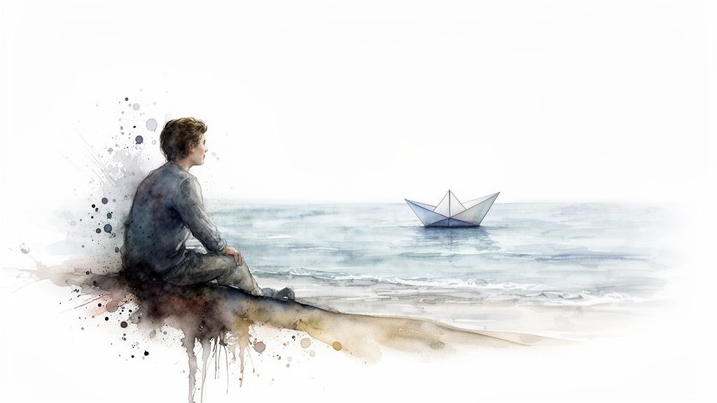 Aquarellbild eines nachdenklichen menschen, der am wasser sitzt und einem papierboot zuschaut.