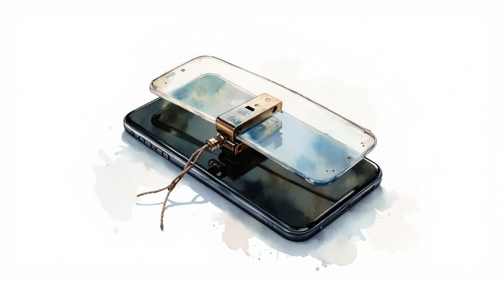 Zwei smartphones, eines transparent, mit goldenem schloss und schnur verbunden, im aquarell-stil auf weiß.