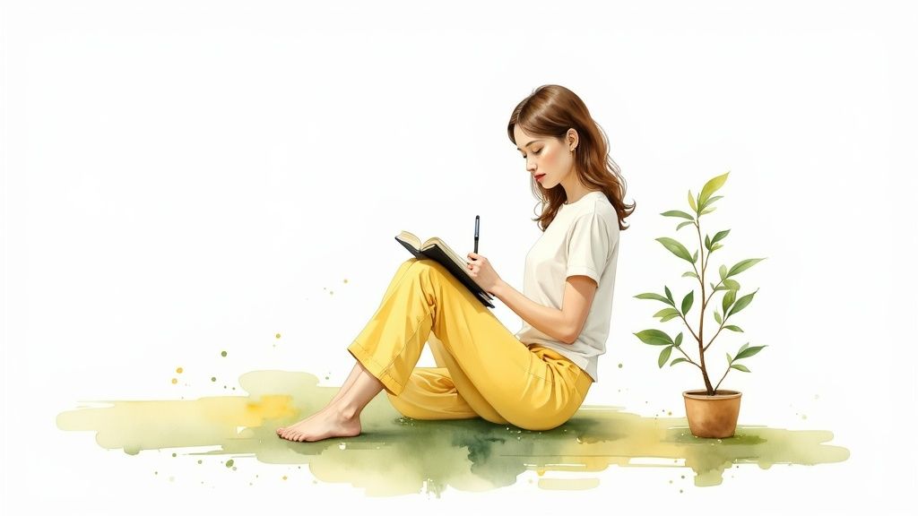 Junge frau sitzt barfuß und schreibt in notizbuch, umgeben von aquarell-elementen und einer pflanze.