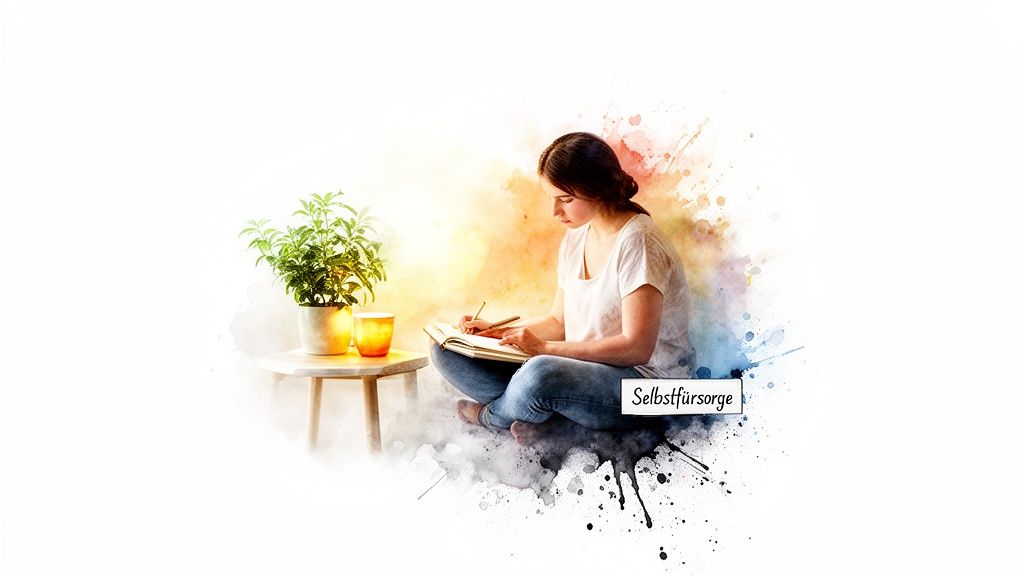 Junge frau sitzt und schreibt in ein notizbuch, umgeben von farbspritzern und dem wort „selbstfürsorge“.