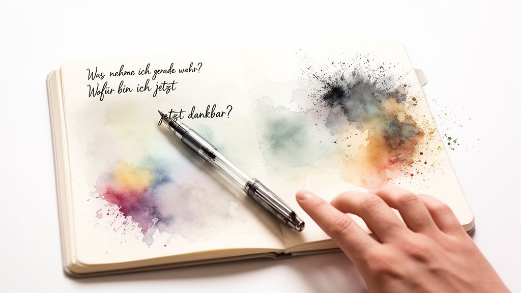 Offenes notizbuch mit handgeschriebenen achtsamkeitsfragen, aquarellfarben und einem stift für persönliches reflektieren.