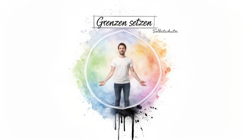 Ein mann steht in einem schützenden, bunten aquarellkreis. Oben steht 'grenzen setzen' und 'selbstschutz'.