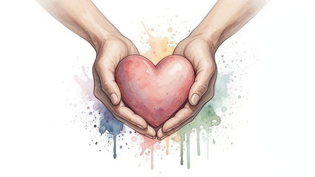 Zwei hände halten ein rosa herz, umgeben von bunten aquarellspritzern auf weißem hintergrund.