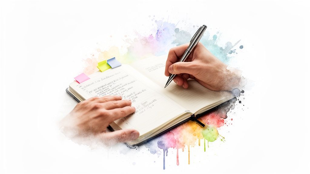 Hände schreiben notizen in ein offenes notizbuch mit bunten aquarellspritzern und lesezeichen.