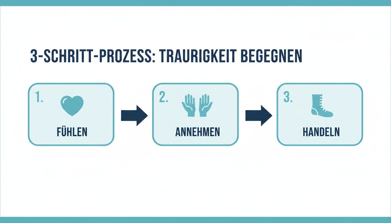 Infografik zum 3-schritt-prozess gegen traurigkeit: fühlen (herz), annehmen (hände), handeln (stiefel).