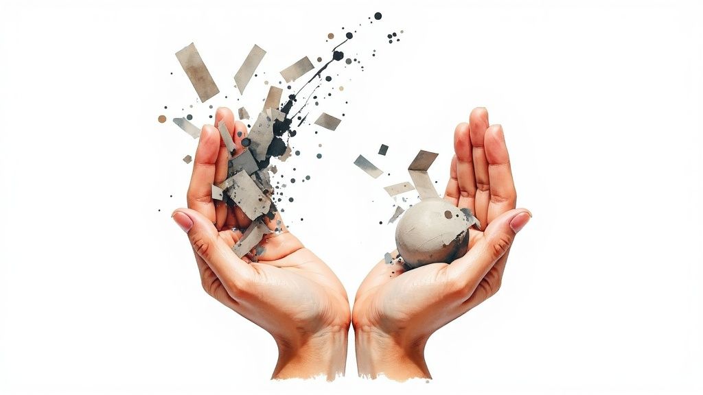 Wie finde ich wieder zu mir selbst? Ein ehrlicher wegweiser für deinen neubeginn Eine person lässt symbolisch einen stein in einen ruhigen see fallen.