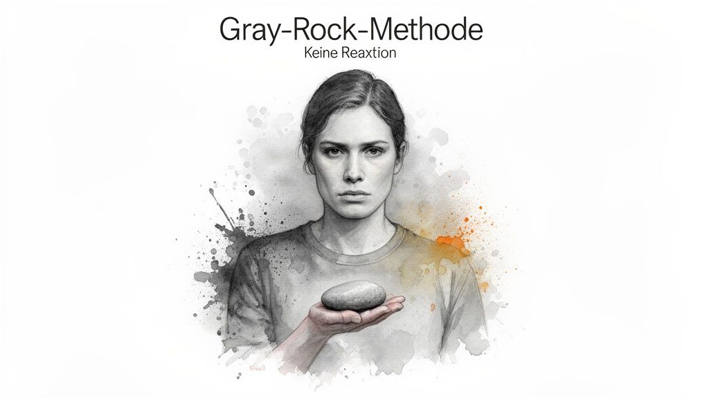 Schwarz-weiß-zeichnung einer frau, die einen grauen stein hält, mit dem titel "gray-rock-methode" und "keine reaktion".