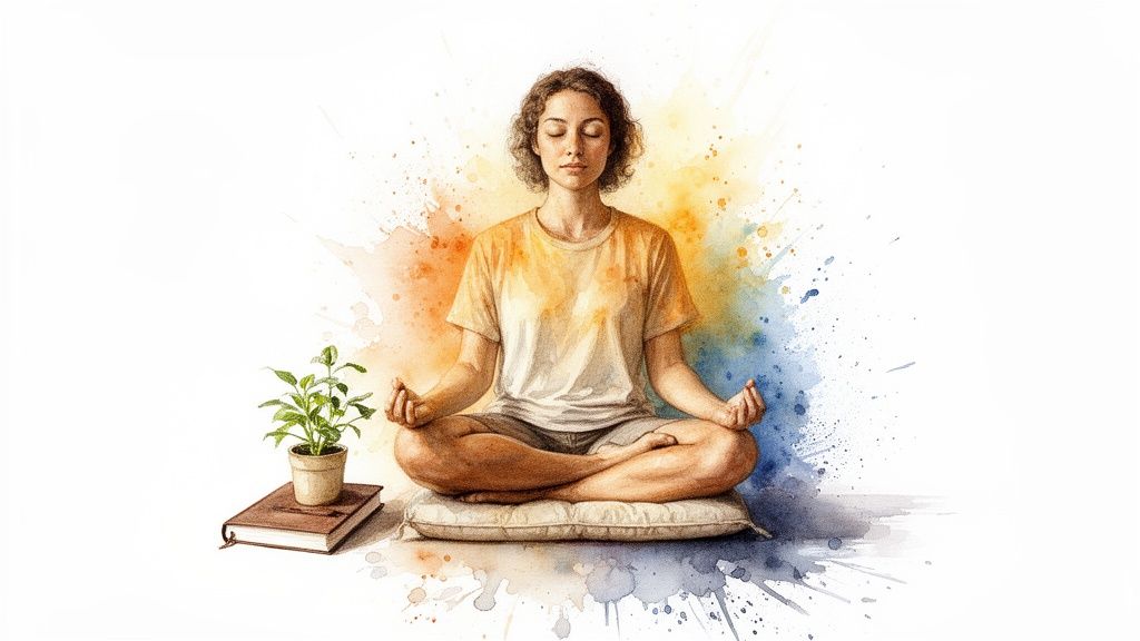 Umgang mit narzissten im nahen umfeld für mehr selbstschutz und abgrenzung Aquarell-darstellung einer ruhig meditierenden person mit einem topfplanzenbuch.