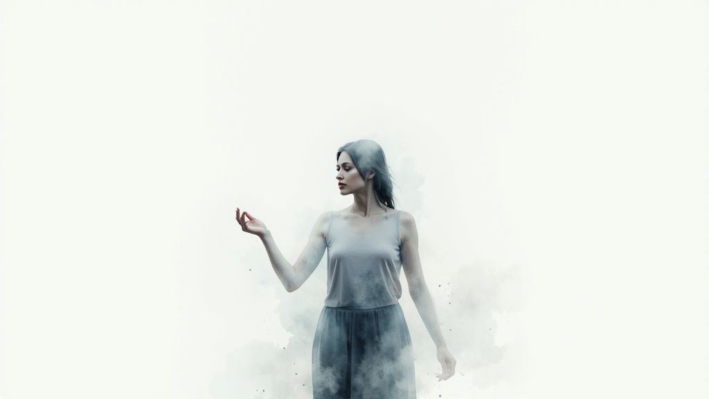 Eine frau steht in einem nebligen wald, das sonnenlicht bricht durch die bäume.