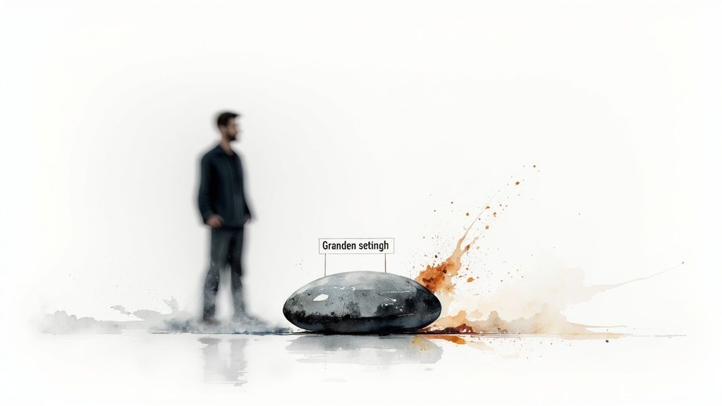 Verwischte figur eines mannes neben einem ovalen, dunklen stein mit farbspritzern auf weißem grund.