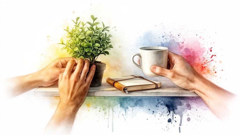 Zwei hände pflegen eine pflanze, daneben ein notizbuch und eine kaffeetasse auf einem regal mit bunten aquarellspritzern.