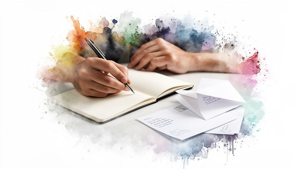 Hände schreiben mit einem stift in ein notizbuch, umgeben von leeren briefumschlägen und bunten aquarellspritzern.