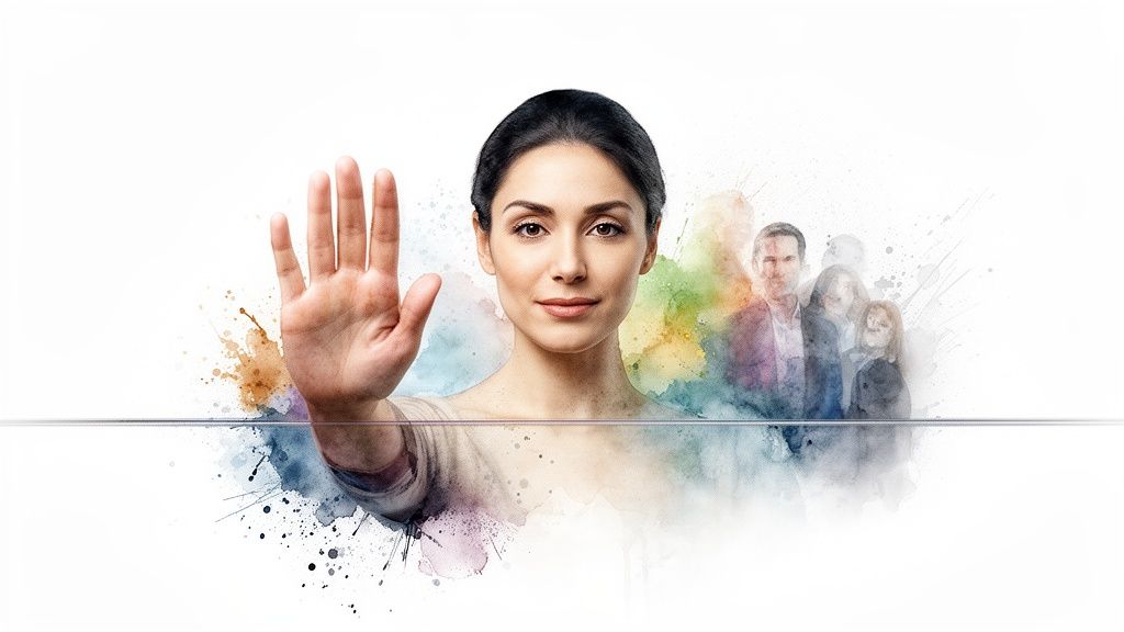 Selbstbewusste frau hält hand als stopp-geste, trennt sich von einer gruppe menschen im aquarell-stil.