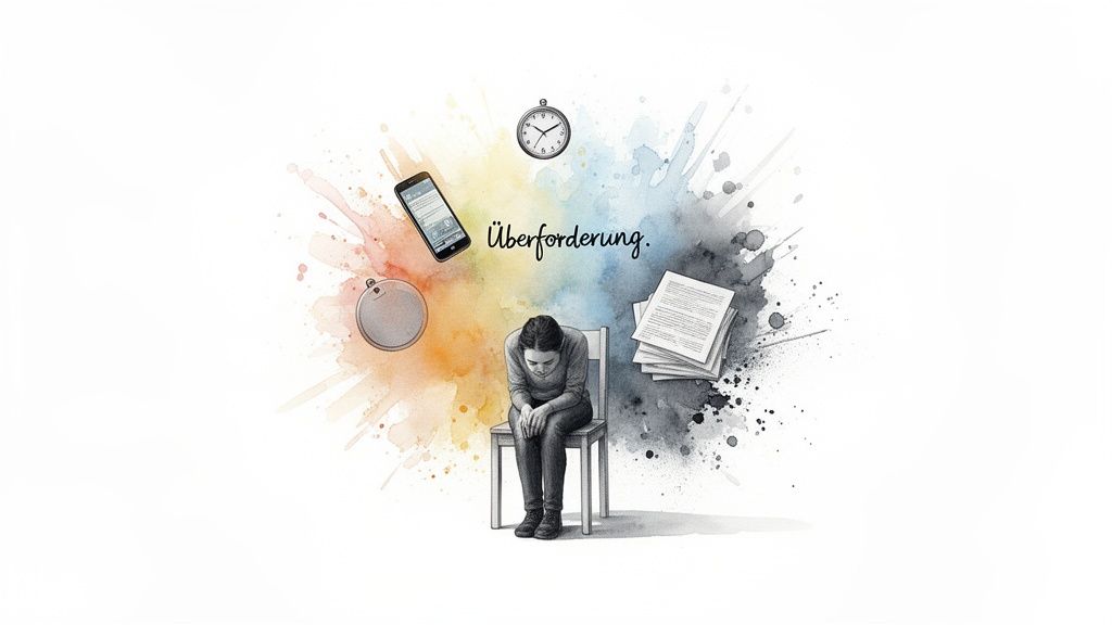 Eine frau sitzt erschöpft, umgeben von symbolen moderner überforderung wie smartphone, uhr und papieren.