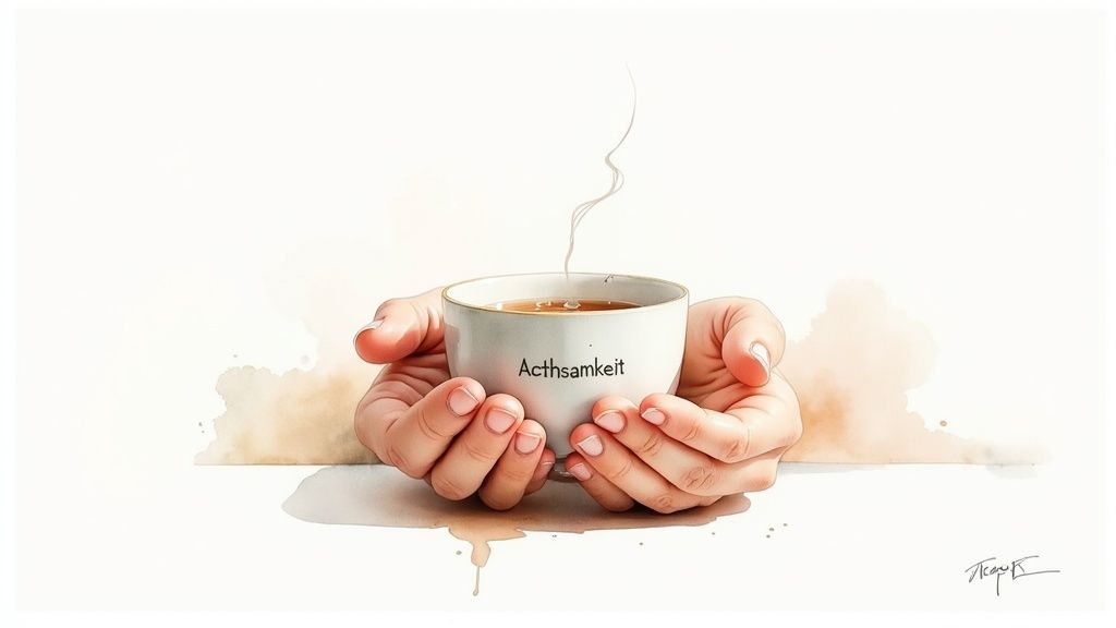 Hände halten eine dampfende tasse mit dem wort 'achtsamkeit' in einem beruhigenden aquarellstil.
