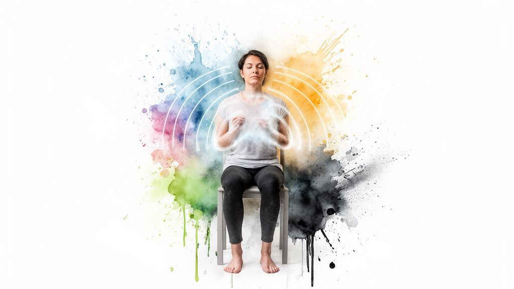 Person meditiert auf stuhl, umgeben von bunten aquarell-spritzen und leuchtenden energiefeldern.