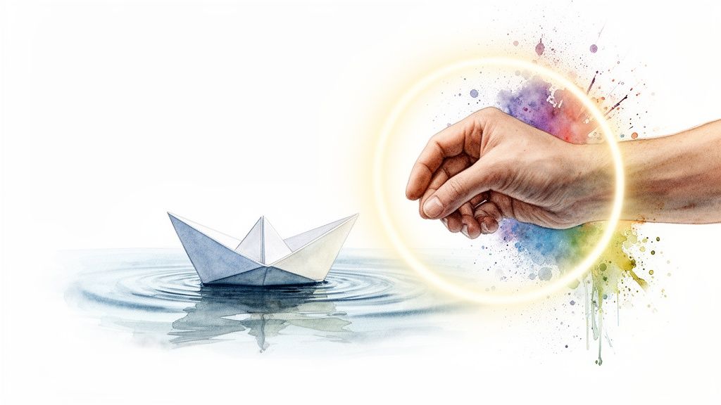 Ein papierboot auf ruhigem wasser neben einer hand mit leuchtendem ring und farbspritzern.