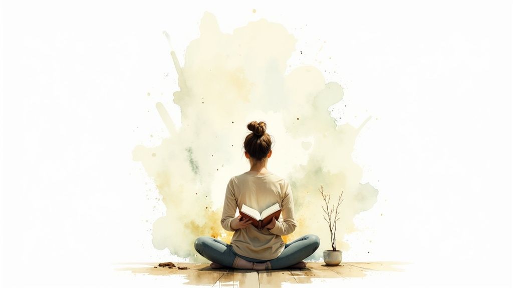 Eine person steht fest auf einem felsen und blickt auf eine ruhige landschaft, was innere stärke und selbstschutz symbolisiert.