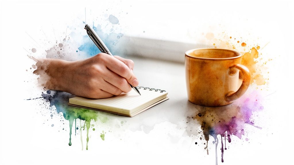 Hand schreibt in notizbuch neben kaffeetasse, umgeben von bunten aquarellspritzern.