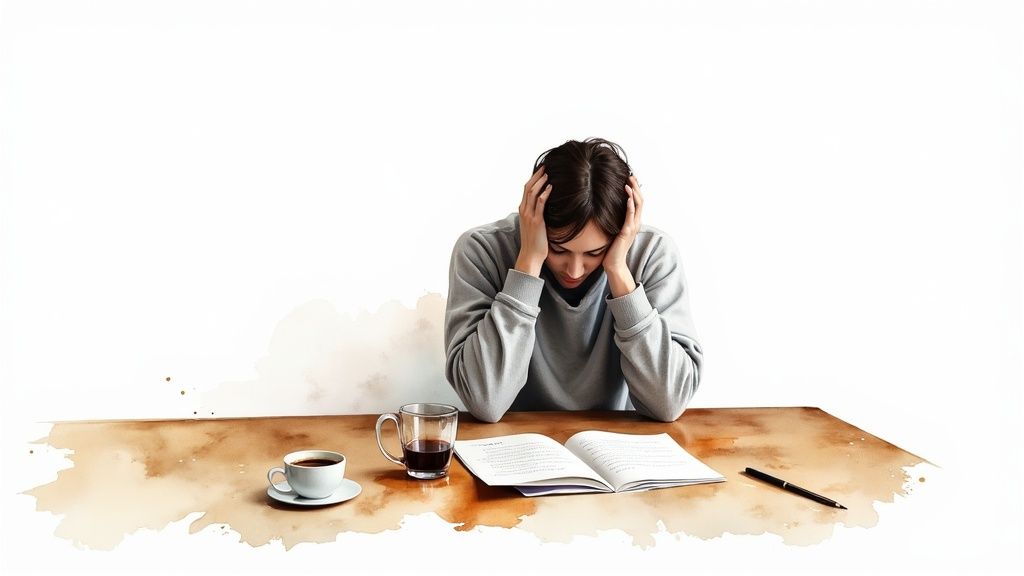 Eine person sitzt erschöpft am schreibtisch und stützt den kopf in die hände.