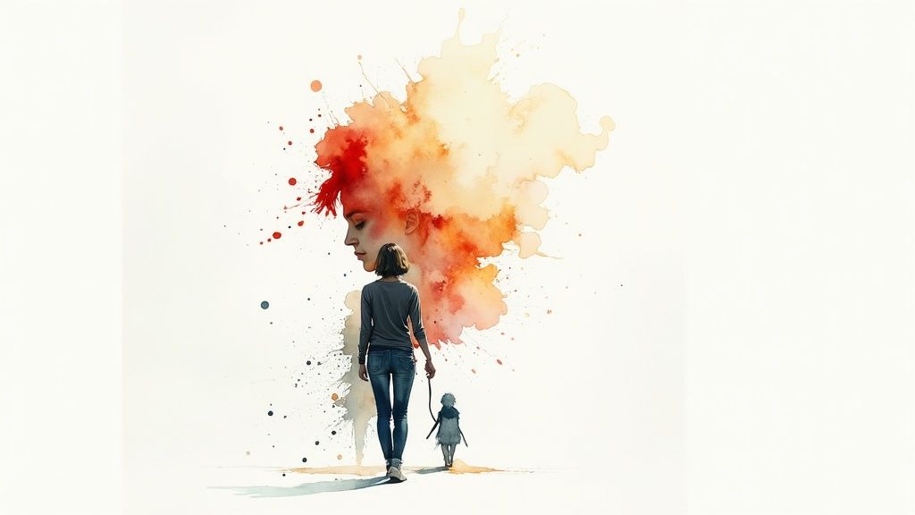 Unzufriedenheit mit sich selbst nachhaltig überwinden Eine frau geht mit einer kleinen figur an der leine, während im hintergrund ein großes gesicht und farbige aquarellkleckse zu sehen sind, die selbstreflexion und emotionen symbolisieren.