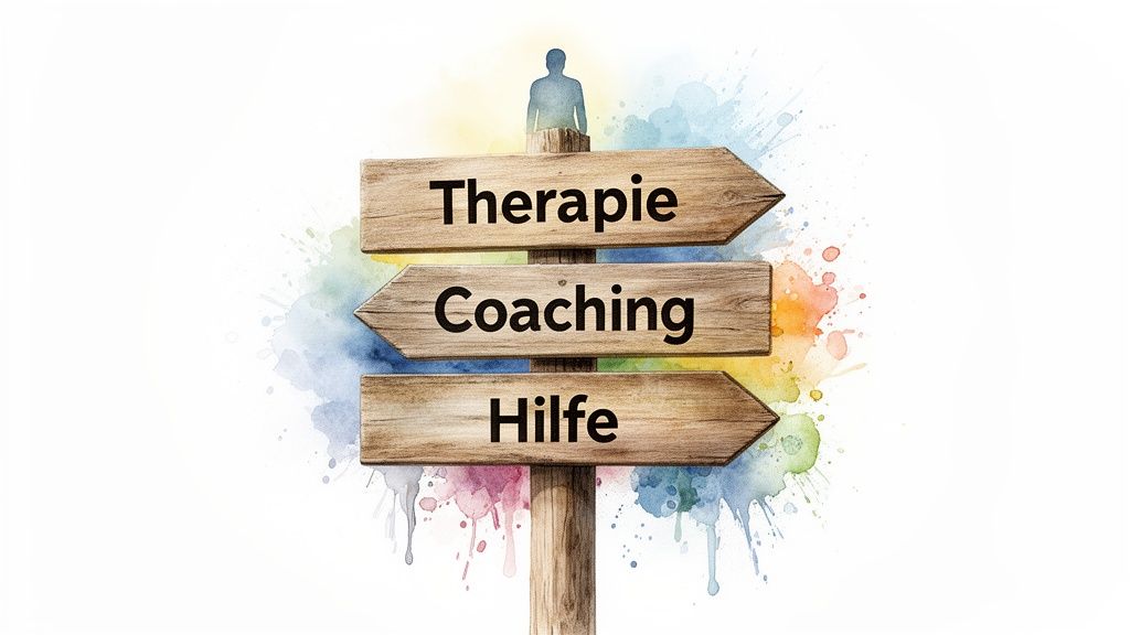 Emotionale abhängigkeit in beziehungen überwinden und heilen Ein holzwegweiser mit den optionen therapie, coaching und hilfe auf einem farbigen aquarellhintergrund.