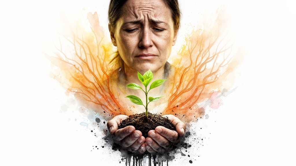 Besorgte frau hält eine kleine grüne pflanze in den händen, umgeben von künstlerischen aquarell-elementen.