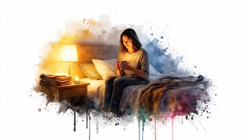 Eine frau sitzt auf einem bett im warmen licht, hält eine tasse, im aquarell-stil.