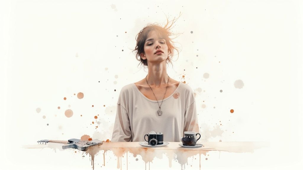 Künstlerische darstellung einer nachdenklichen frau mit gitarre, kamera und kaffeetasse, umgeben von farbspritzern.